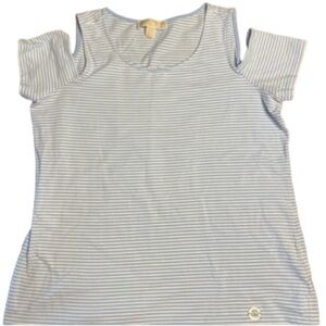 Michael, ‎ Michael Kors Blue and white striped cold shoulder top. Size large.